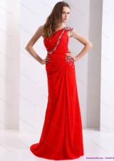 Elegant 2015 One Shoulder Red Prom Dress with Beadings and Brush Train