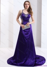 Luxurious 2015 Halter Top Purple Criss Cross Prom Dresses with Court Train