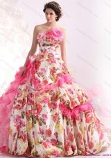 Ruffles Multi Color Bridal Gown with Brush Train and Hand Made Flowers