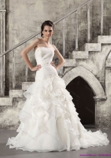 2015 Pretty White Strapless Bridal Gowns with  Brush Train and Ruffles