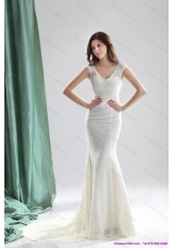 2015 Unique White Wedding Dresses with Lace and Brush Train