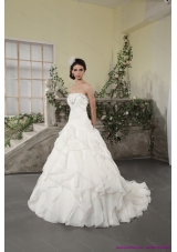2015 White Strapless Ruffled Wedding Dresses with Chapel Train and Beading