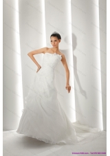 Unique Brush Train Ruching White Wedding Dresses with Appliques for 2015