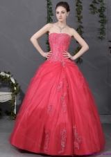 Coral Red Strapless Sweet 16 Dress with Ruching and Appliques
