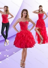 Detachable Strapless Red 2015 Prom Dresses with Ruffles and Beading