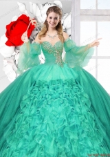 Popular Beaded Turquoise Quinceanera Gowns with Ruffles