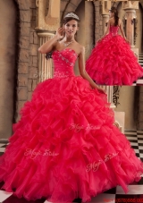 2016 Popular Coral Red Sweetheart Quinceanera Gowns with Beading