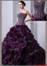 Beautiful A Line Brush Train Beading and Ruffles Quinceanea Dresses