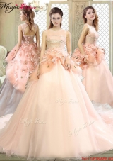 2016 Beautiful Scoop Court Train Quinceanera Dresses with Hand Made Flowers