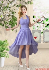 Beautiful Halter Top Ruched Prom Dresses with High Low