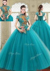 Luxurious High Neck Appliques Sweet 16 Dresses with Short Sleeves
