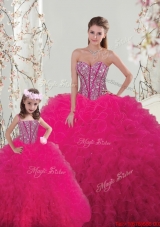 2015 Winter Classical Ball Gown Beaded and Ruffles Macthing Sister Dresses in Hot Pink