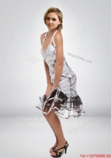 Perfect Column Halter Top Tea Length Camo Prom Dress with Ruffled Layers
