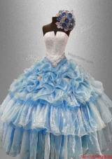 Pretty Strapless Beaded Quinceanera Gowns with Ruffled Layers