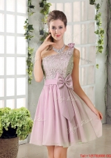 Discount A Line One Shoulder Pink Prom Dresses with Bowknot