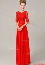 2016 Fashionable Scoop Laced Red Prom Dresses with Half Sleeves