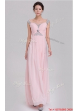 Elegant Empire Off The Shoulder Cap Sleeves Pink Prom Dresses with Beading