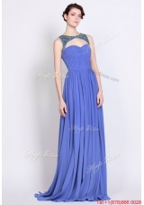 Pretty Bateau Zipper Up Blue Prom Dresses with Brush Train