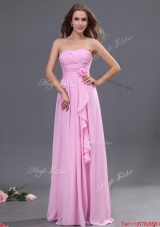 Modest Ruching and Hand Made Flower Prom Dress in Rose Pink