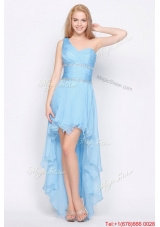 Affordable One Shoulder Beading High Low Prom Dresses in Baby Blue for 2016