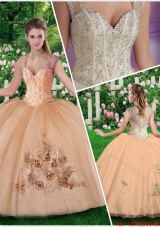 2016 New Style Straps Champange Quinceanera Dresses with Beading and Appliques