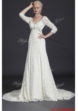 Pretty Beautiful Empire Lace White Long Wedding Dresses with Court Train for 2016