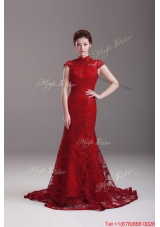 Pretty Exquisite Cap Sleeves Mermaid Wine Red Wedding Dresses with Brush Train