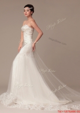 Pretty Luxurious Beading and Lace White Wedding Dress with Court Train
