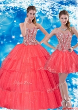2015 Most Popular Beading and Ruffled Layers Sweetheart Quinceanera Dresses in Coral Red