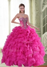 2015 New Style Beading and Ruffles Sweetheart Quinceanera Dresses in Hot Pink