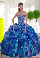 Fashionable Beading and Ruffles Sweetheart 2015 Sweet 15 Dresses in Multi Color