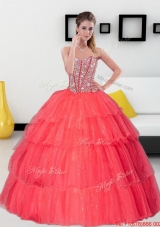 Flirting Beading and Ruffled Layers Sweetheart Coral Red Quinceanera Dresses for 2015
