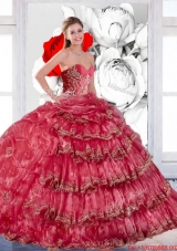 2015 New Style Appliques and Ruffles Quinceanera Dress in Coral Red