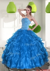 2015 Most Popular Blue Quinceanera Dress with Ruffles and Beading