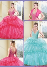 2016 Modest V Neck Quinceanera Dresses with Appliques and Ruffles