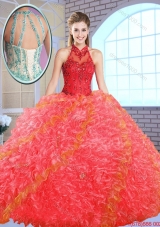 Cheap Appliques and Ruffles Quinceanera Gowns with High Neck