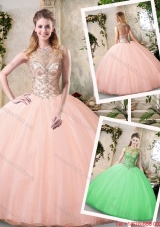 Modest Bateau Peach Quinceanera Dresses with Beading