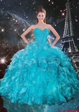 2016 Winter Perfect Sweetheart Teal Quinceanera Gowns with Ruffles and Beading