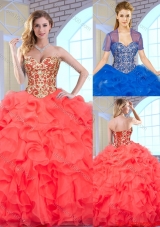 Fashionable Coral Red Quinceanera Gowns with Beading and Ruffles