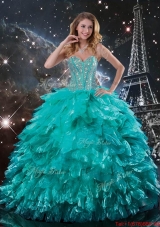 Luxurious 2015 Fall Brush Train Turquoise Quinceanera Dresses with Beading and Ruffles
