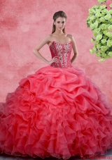 2016 Popular Beaded and Ruffles Quinceanera Gowns in Coral Red