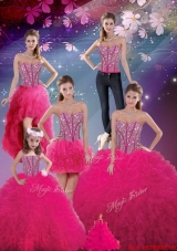 Detachable Sweetheart Beaded and Ruffles Wonderful Quinceanera Dresses in Hot Pink