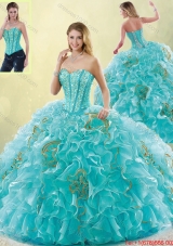 Luxurious Brush Train Sweetheart Detachable Quinceanera Dresses in Aqua Blue