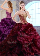 Best Brush Train Ruffles and Appliques Quinceanera Gowns in Wine Red