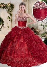 Gorgeous Brush Train Wine Red Quinceanera Gowns with Embroidery