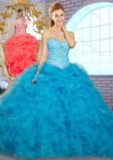 Pretty Ball Gown Teal Quinceanera Gowns with Beading and Ruffles