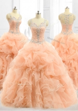 Cheap Straps Beading and Ruffles Quinceanera Dresses in Peach