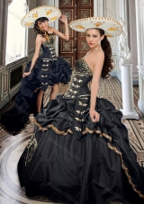 2016 Designer Taffeta Beaded and Applique Black Sweet 16 Dress with Brush Train