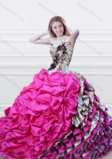 2016 Luxurious V Neck Fuchsia and Printed Quinceanera Dress with Feather and Bubbles
