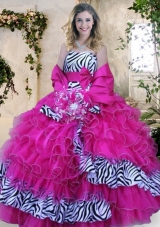 2016 Strapless Zebra and Hot Pink Quinceanera Dresses with Ruffles and Bowknot